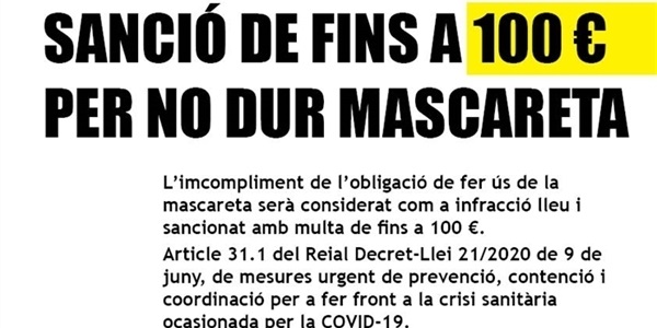 Sanció de fins a 100 euros per no dur la mascareta